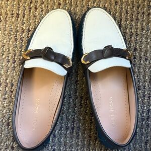Cole Haan Cream and Brown Loafers with Gold Accents